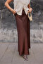 Brown Satin Skirt with Side Hidden Zipper and Elastic Waist