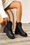Daily Women's Black Boots High Thick Heeled Lace-Up Zippered Serrated Sole Postal Bootie 1500 - 2