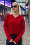 Red V-Neck Braided Knitwear Women's Sweater Mg2258 - 5