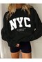 Women's Black Nyc Girls Printed Crew Neck Oversize Sweatshirt