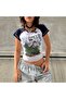 Navy Blue Raglan Sleeve Back To Nature Gray Melange Short Sleeve Crop - 2