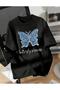 Denim Butterfly Printed Cotton Round Neck Black T-Shirt