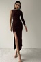 Women's Sandy Fabric One Sleeve and Slit Design Midi Brown Dress 210 - 5