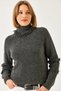 Women's Anthracite Collar and Sleeve Fringed Knitwear Sweater 20246912