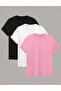 للجنسين وردي-أسود-أبيض أساسي عادي بدون نمط 3 قطع تي شيرت كبير الحجم