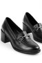 Brand Women's Genuine Leather Buckle Detailed Thick Heeled Shoes-Black - 3