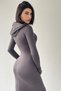 Women's Smoked Sandy Fabric Hooded Neckline Detail Long Sleeve Midi Evening Dress 293 - 3
