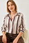 Women's Ecru Brown Striped Button Closure Satin Shirt 2011 60261333 - 2