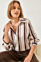 Women's Ecru Brown Striped Button Closure Satin Shirt 2011 60261333 - 4