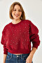 Women's Burgundy Crew Neck Sweatshirt with Pearl Buttons on the Front and Three Thread Ribbons 60601041 - 4