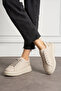 Beige Lace-Up Pearl Detail Thick Sole Sneakers - 6
