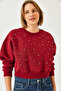 Women's Burgundy Crew Neck Sweatshirt with Pearl Buttons on the Front and Three Thread Ribbons 60601041