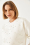 Women's Ecru Crew Neck Sweatshirt with Pearl Buttons on the Front and Three Thread Ribbons 60601041 - 5