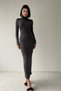 Women's Stretchy Sandy Fabric Stand Collar Long Sleeve Midi Smoked Dress 295