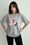 Women's Gray Floral Butterfly Printed Crew Neck Oversize T-Shirt