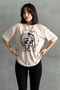 Women's Beige Face Printed Crew Neck Oversize T-Shirt