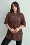 Women's Brown Angelprinted Crew Neck Oversize T-Shirt