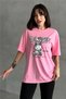 Women's Pink Super Plush Rabbit Printed Crew Neck Oversize T-Shirt