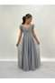 Girl's Gray Strap Shoulder Detailed Sparkly Tulle Long Evening Dress 10-15 Years - 6