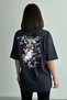 Women's Black Romantic Printed Crew Neck Oversize T-Shirt