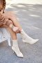 Daily Women's Knitted Knitwear Sock Boots Pointed Toe Thin Heels Without Zipper Short Striped Beige Bootie 169 - 4