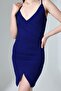 Cobalt Blue Drawstring Detail Slit Double Breasted Neckline Crepe Dress - 3