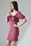 Dusty Rose Madonna Collar Imported Crepe Fabric Drawstring Dress - 7