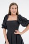 Women's Atlas Fabric Strapless Neckline Wide Flared Cutout Midi Length Short Balloon Sleeve Black Dress 167 - 2