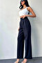 Velcro Wide Leg Pleated Plaszo Trousers - Navy Blue