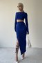 Women's Stretch Fabric Hand-Tied Crop Blouse and Slit Lace-Up Midi Skirt Cobalt Blue Two-Piece Set 299 - 6