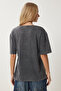 Women's Anthracite Printed Washed Knitted T-Shirt An00220 - 5