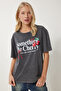 Women's Anthracite Printed Washed Knitted T-Shirt An00220 - 2