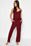 Bordo Dantelli ve Kurdele/Fiyonk Detaylı İp Askılı Viskon Örme Pijama Takımı THMSS20PT0134
