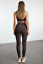 Kahverengi Fırçalı Soft Kumaş Cep ve Bağlama Detaylı Tam Boy Örme Spor Tayt THMAW25TY00014 - 6