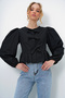 Women's Black Crew Neck Tie-Detail Bow Princess Sleeve Poplin Blouse ALC-X13375 - 2