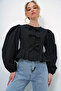 Women's Black Crew Neck Tie-Detail Bow Princess Sleeve Poplin Blouse ALC-X13375 - 5