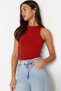 Red Cotton Halter Neckline Fitted/Fitted Stretchy Knitted Tank Top Twoss23Al00069 - 2