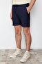 Medium Length Dark Blue Textured Ottoman Shorts - Regular Fit, Lace-Up Tmnss23Sr00039 - 8