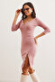 Women's Dusty Rose Button Detailed Slit Raster Stretchy Dress Elb- 19002307 - 5