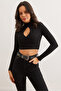 Women's Black Drop Detail Soft Textured Crop Blouse Blz- 19002818 - 2