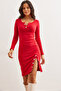 Women's Red Button Detailed Slit Raster Stretchy Dress Elb- 19002307
