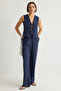 Lacivert Fiyonklu Keten Görünümlü Bluz Ve Wide Leg Pantolon Dokuma Alt-Üst Takım TWOSS25AU00034