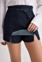 Lacivert İnce Kumaş Kemerli Yırtmaç Detaylı Yüksek Bel Comfort/Esnek Denim Şort Etek TWOSS25SR00003 - 5