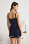 Lacivert Dantel ve Kurdele/Fiyonk Detaylı Şortlu Örme Pijama Takımı THMSS25PT00059 - 5