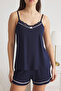 Lacivert Dantel ve Kurdele/Fiyonk Detaylı Şortlu Örme Pijama Takımı THMSS25PT00059 - 3