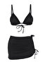 Siyah Üçgen Etekli Kaplı Brazilian Normal Bel 3'lü Set Bikini Takımı TBESS24BT00022 - 7