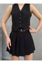 Women's Black Sleeveless Buttoned Short Woven Classic Vest