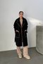 Women's Black Cashmere Coat with Belt, Embroidered Large Pockets, Double-Breasted Collar