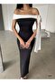 Women's Black Strapless Neckline Bow Detail Two-Tone Maxi Evening Dress - 2