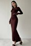 Brown Stretchy Fabric See-Through Detail Long Sleeve Back Slit Maxi Dress 275 - 3